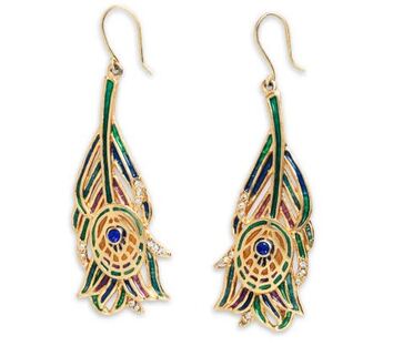 Jeweled Peacock Feather Drop Earrings